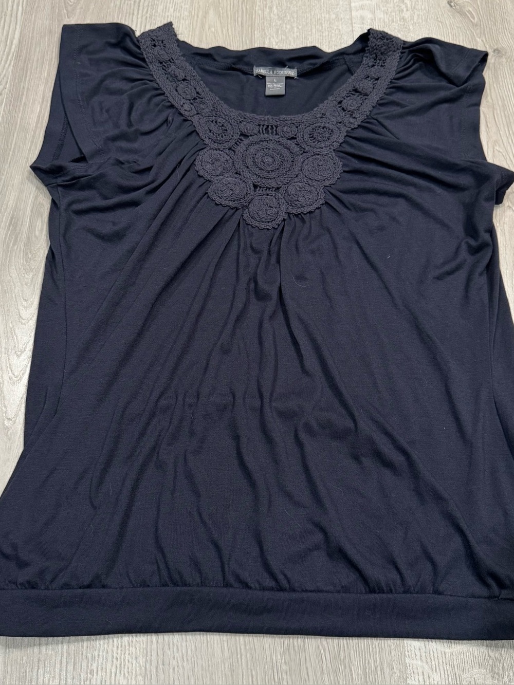 GUC Isabella Rodriguez | Navy Blue | Crochet-Neck Short Sleeve Top | Size L